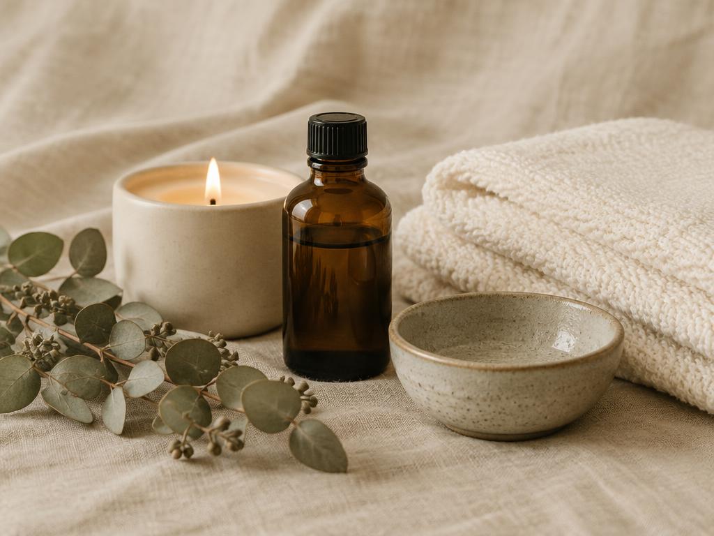 Natural oils, candle and eucalyptus — the calm details of the clinic